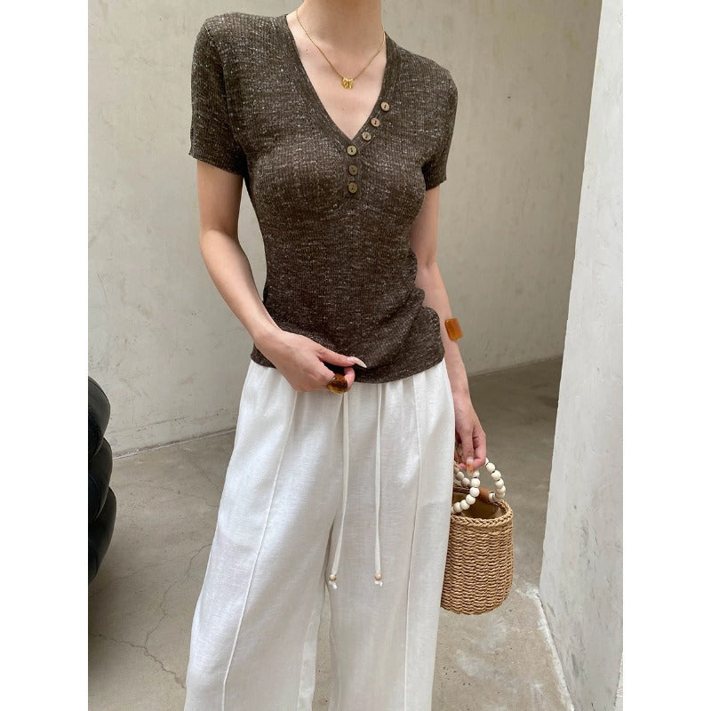 Smart Blogger Linen Half Button V neck Slim Slimming Hollow Out Cutout Short Sleeve Sweater