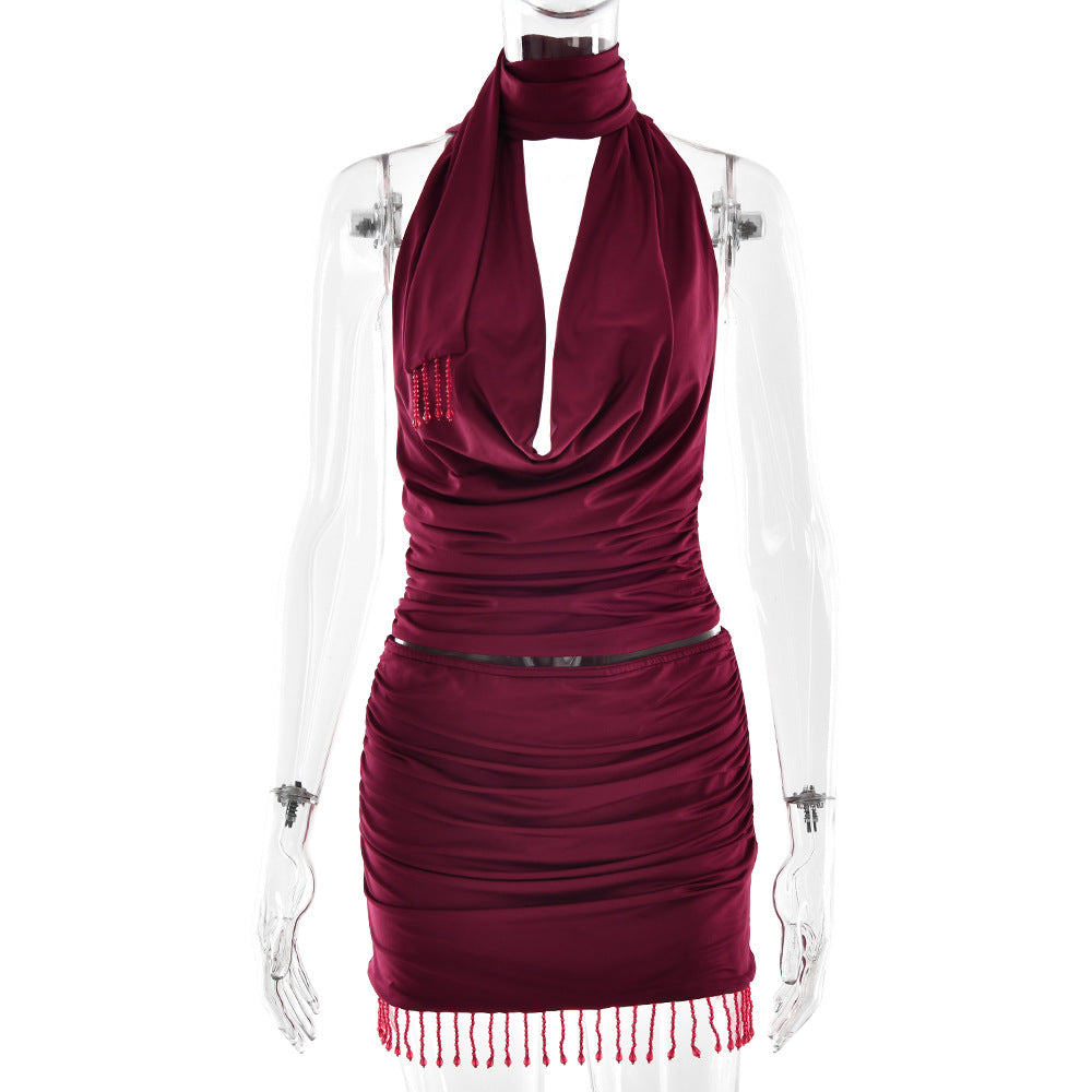Summer Arrival Ladies Two Piece Sets Sexy Waist Hollow Out Cutout out Tied Top Hip Skirt Outfit