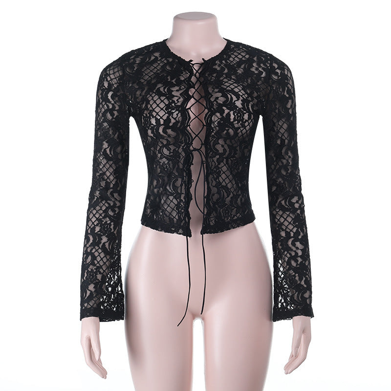Autumn Winter Lace up Sexy Long Sleeved Top for Women