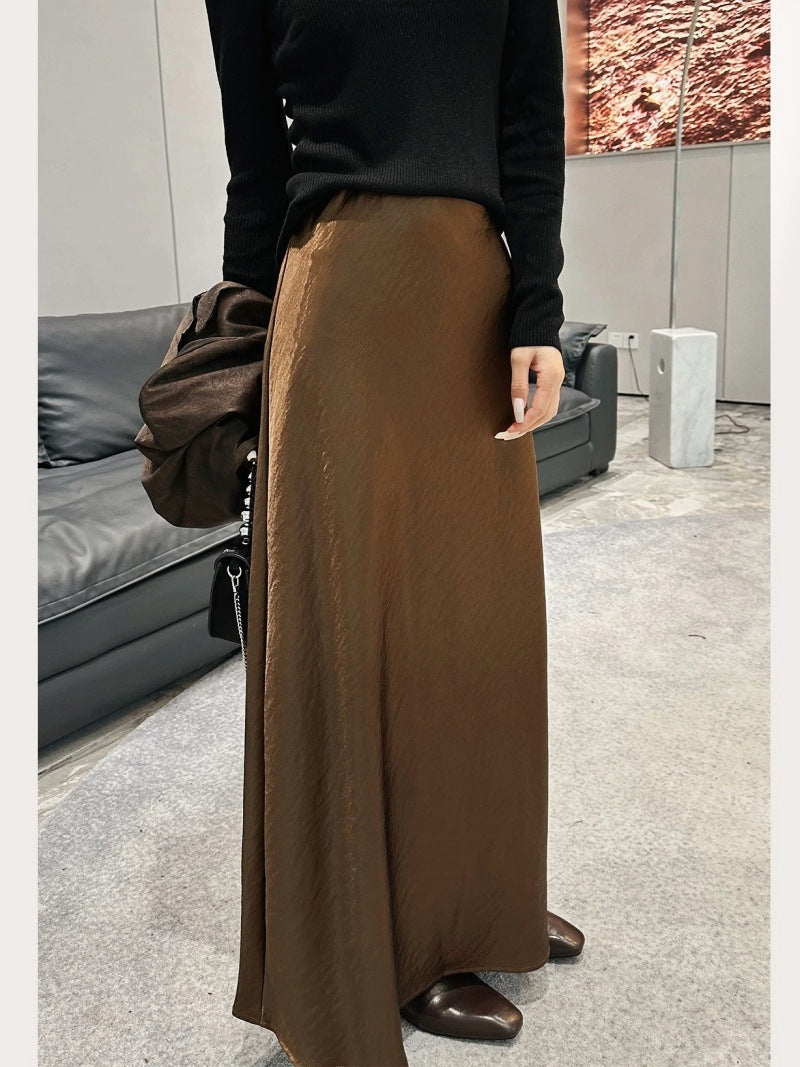 Acetate Satin Fishtail Skirt Women Simple Graceful Drooping Slimming Sheath A line Mid Length Skirt