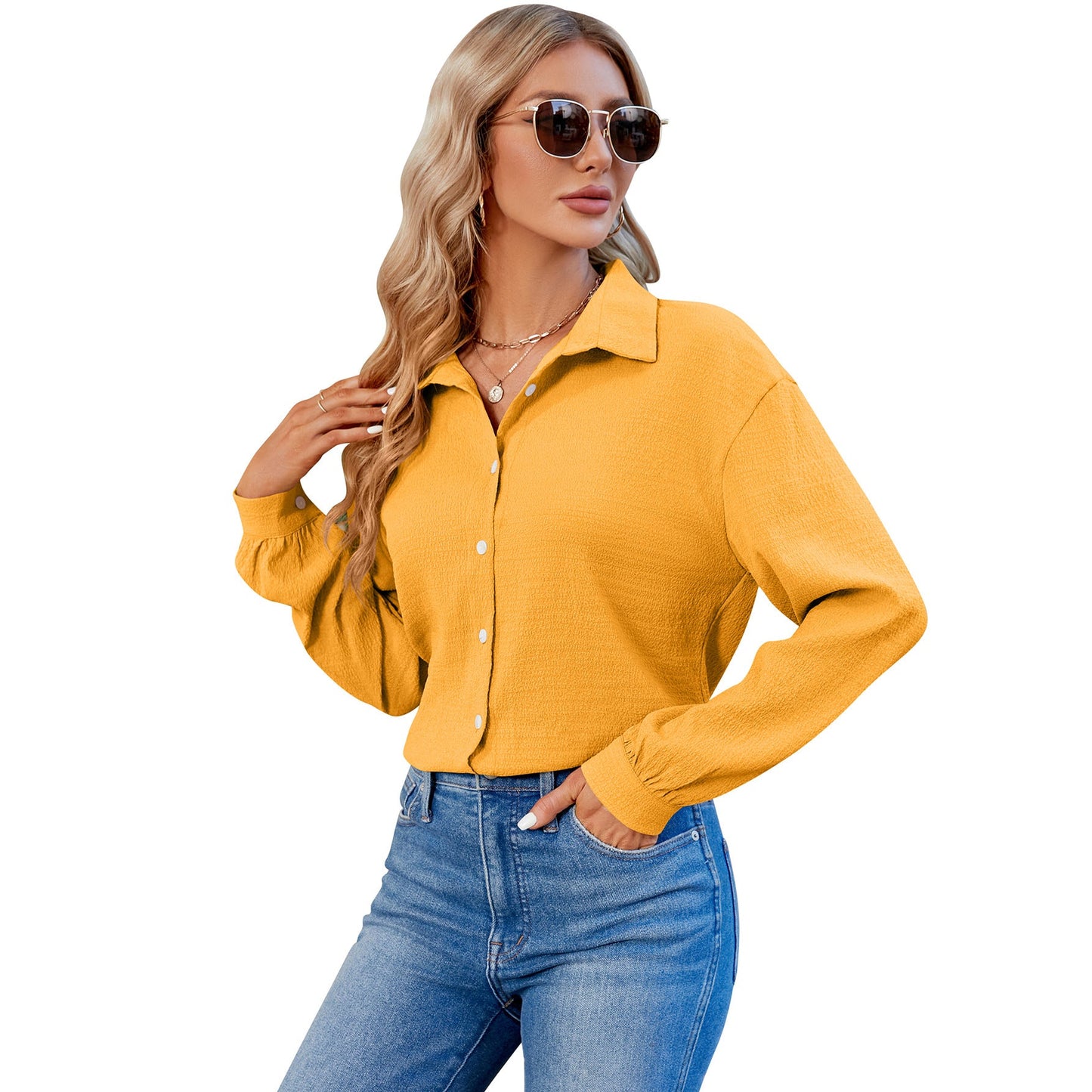 Women V Neck Button Down Shirt Solid Color Bubble Wrinkle Loose Long Sleeve Shirt Top