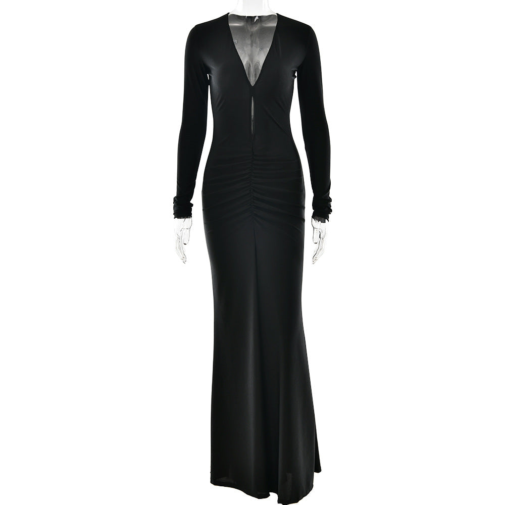 Sexy Pleated Hollow Out Cutout Slim Dress Arrival Long Sleeve Deep V Plunge neck Hip Dress