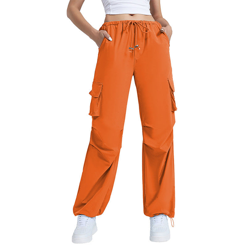 Retro Straight Wide Leg Pants Women Autumn Solid Color Multi Pocket Loose Baggy Trousers Casual Working Pants