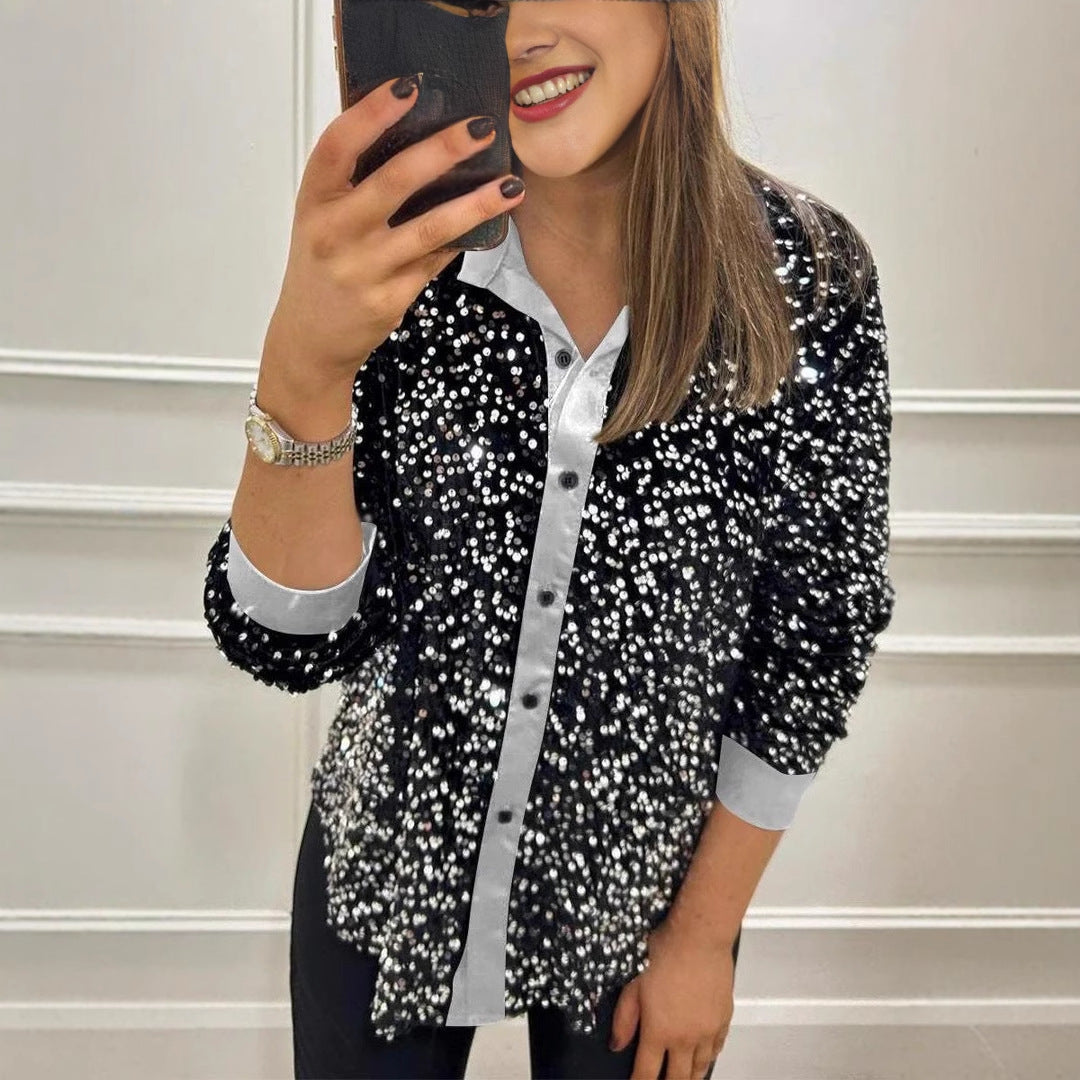Autumn Winter Long Sleeve Loose Casual Sequin Shirt