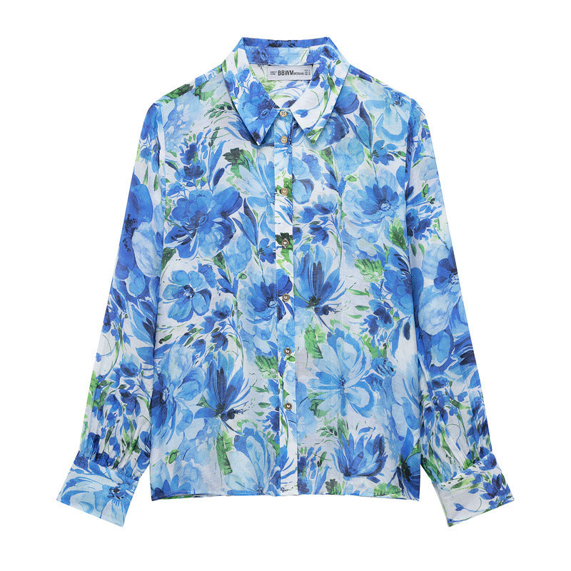 Spring Floral Printing Collared Loose Shirt