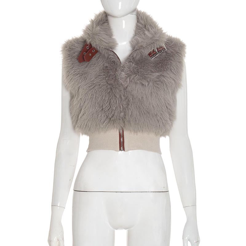 Women Clothing Autumn Winter Solid Color Sleeveless Plush Cardigan Zipper Vest Bare Cropped Slim Fit Top