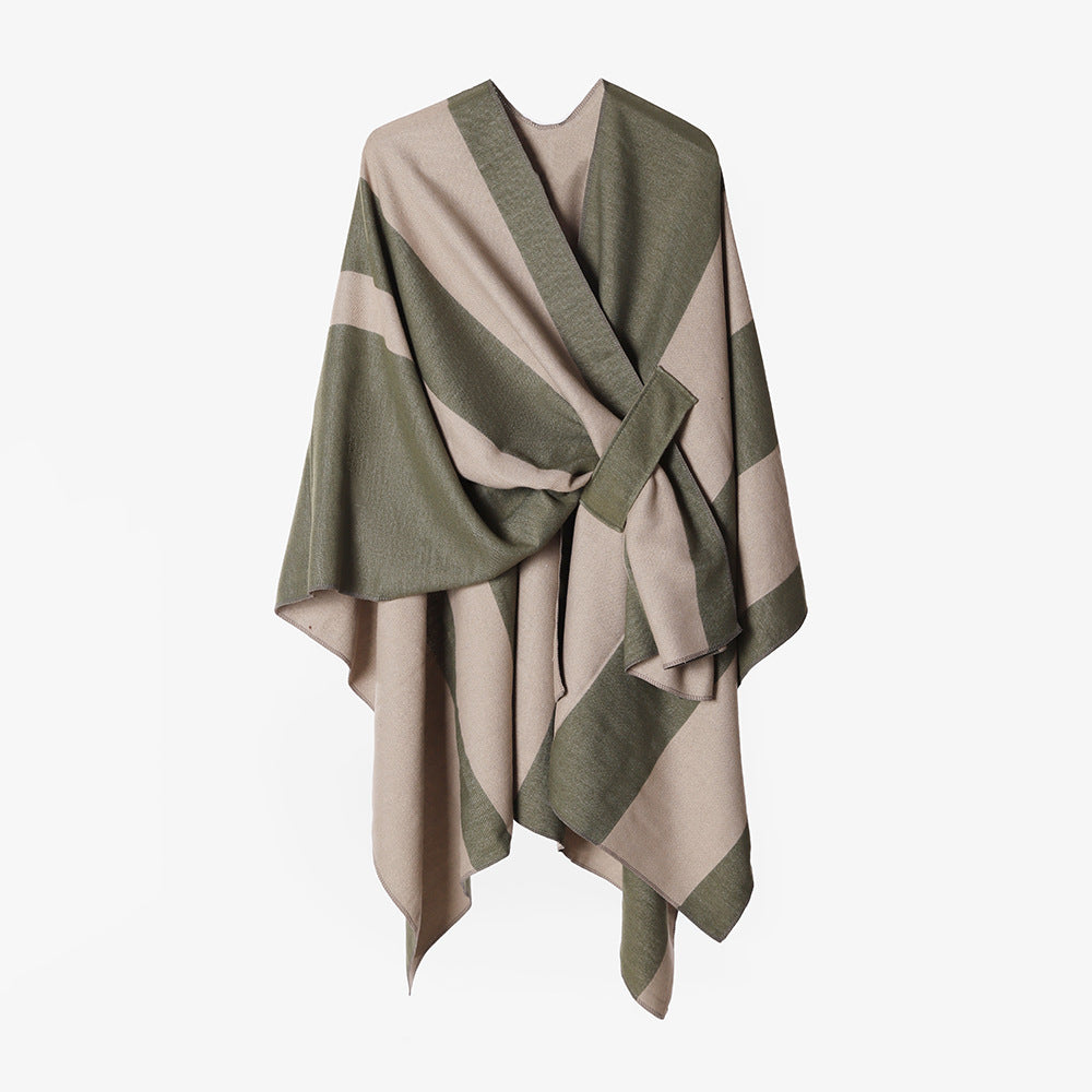 Double Sided Cape Shawl Outer Wear Women Striped Bar Shawl High Sense Cape Shawl