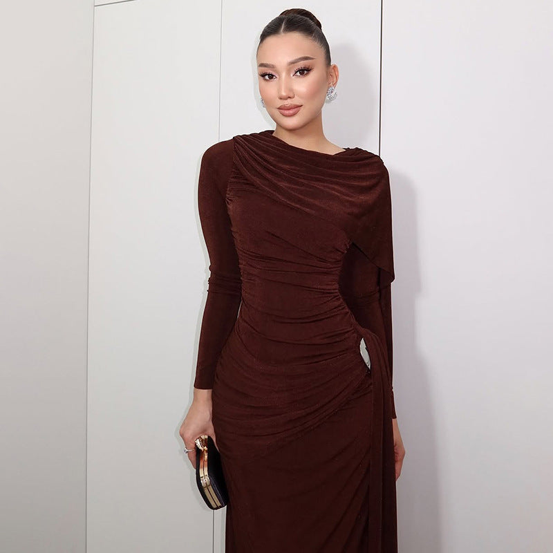 Autumn Winter Slim Fitted Waist Pleated Ribbon Solid Color Maxi Dress