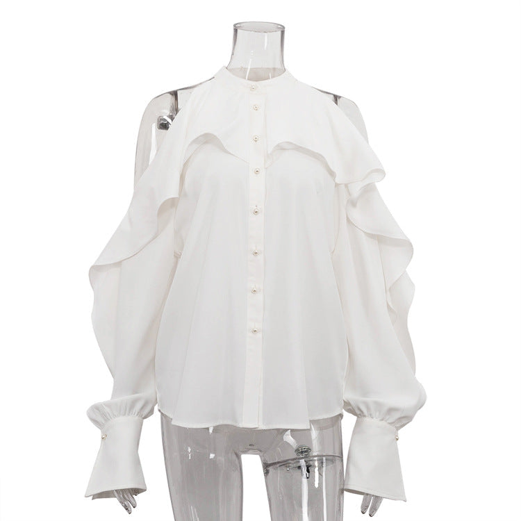 French Design Halter Top Ruffled round Neck off the Shoulder Long Sleeve White Shirt