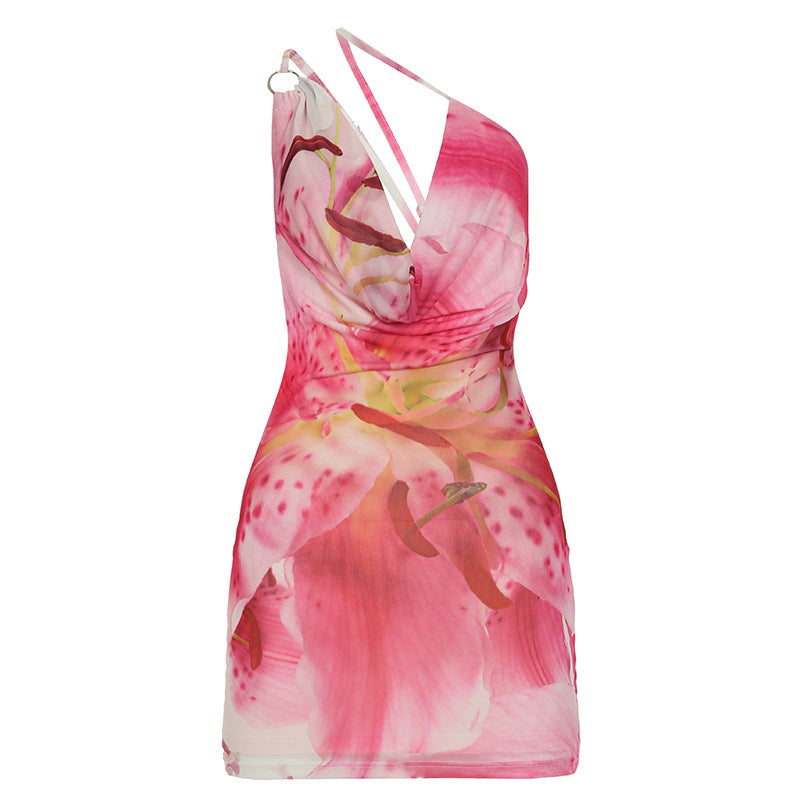 Summer Vacation Sexy Pleated Swing Collar One Shoulder Crossbody Ring Stitching Floral Print Dress