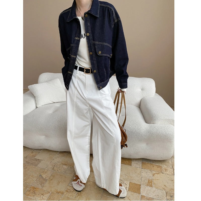 French High Grade Elegant Stand Cutting Line Split High Waist Slimming Straight Wide Leg Jeans
