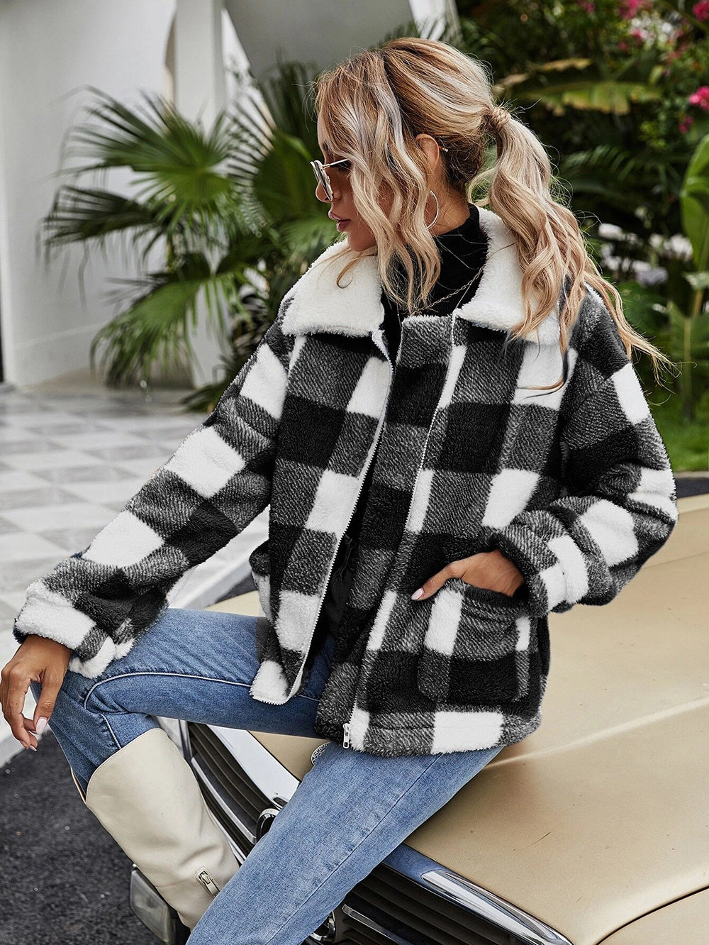 Autumn Winter Zipper Collared Plush Plaid Coat Loose Office Women Outerwear