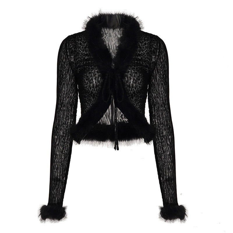 Sexy Flocking Wool Tops Lace up Cardigan Leopard Print Skirt Women Fur Stitching Two Piece Sets