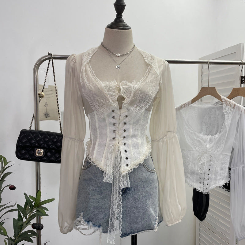 Real Shot French Royal Lace up Waist Controlled Boning Corset Shirt Lace Small Shirt Back Waist Smocking Short Top
