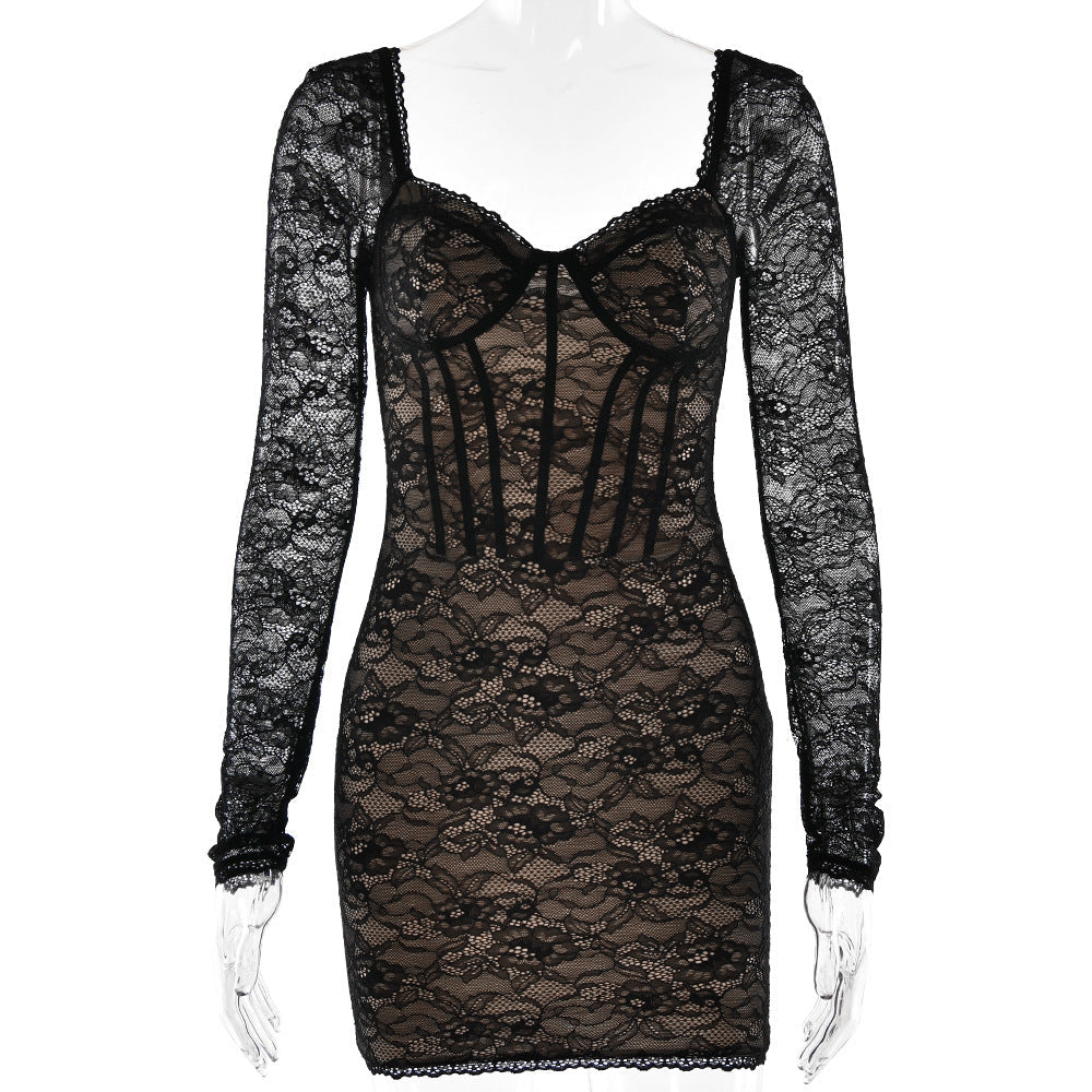 Autumn Winter V neck Long Sleeved Lace Dress Fashionable Sexy Tight Backless Hip Dress