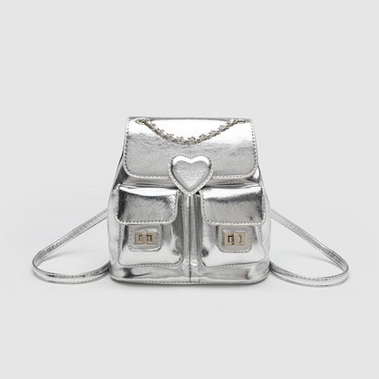 Elegant Design Silver Backpack Purse – Stylish Women's Fashion Chain Versatile Travel Bucket Bag with Metallic Finish