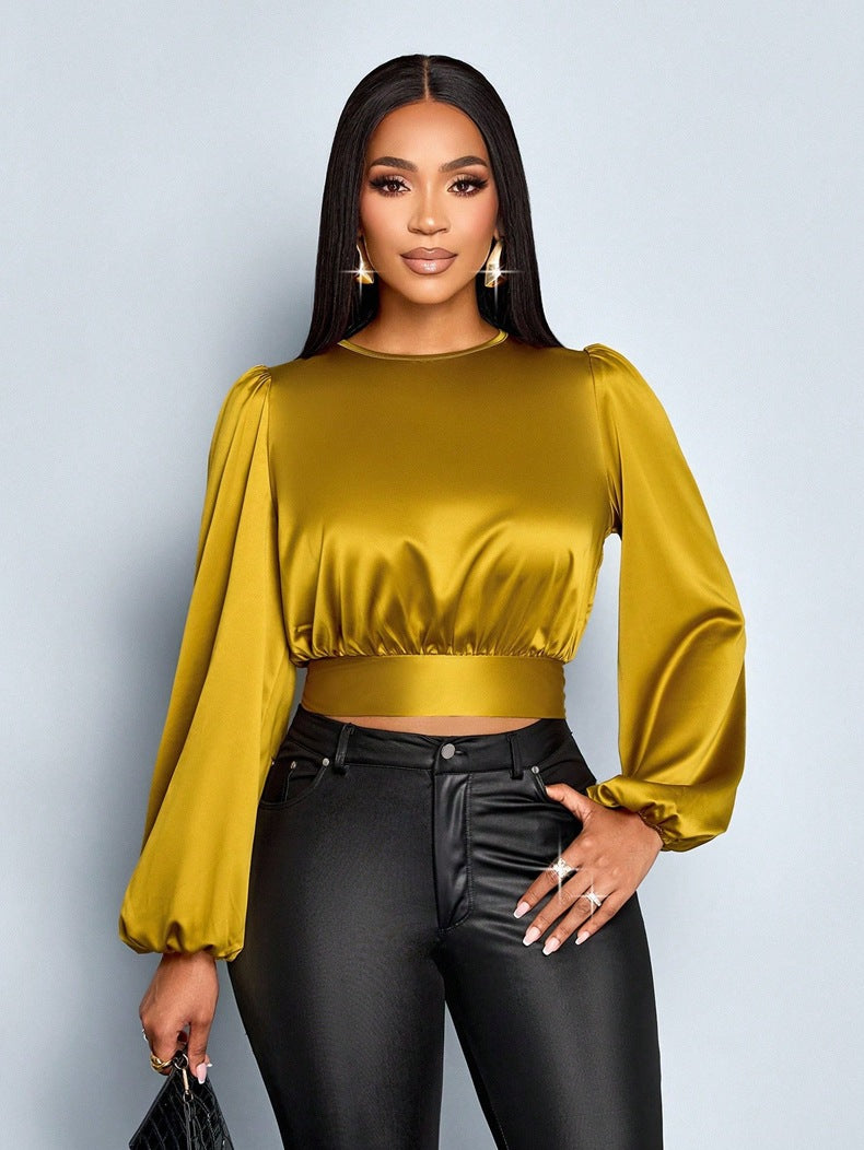 Women Clothing Fall Satin Satin Shirt Sexy Leopard Print Top Shirt