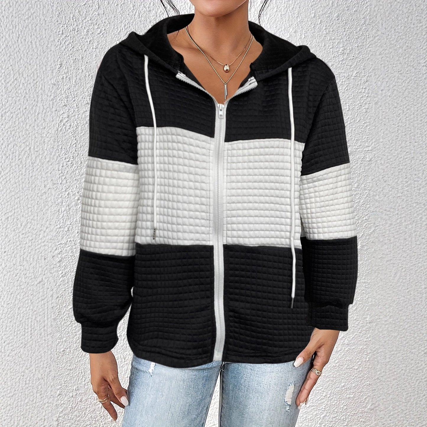 Autumn Winter Women Hoodie Contrast Color Plaid Long Sleeve Casual Hoodies