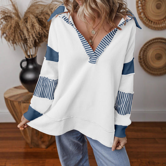 Casual All Match Deep V Plunge neck Pullover Stripe Color Matching Long Sleeve Loose Sweatshirt Top