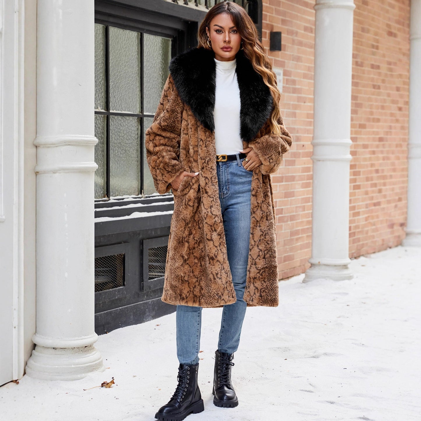 Fall Winter Retro Snakeskin Pattern Brand Thickened Faux Fur Plush Coat