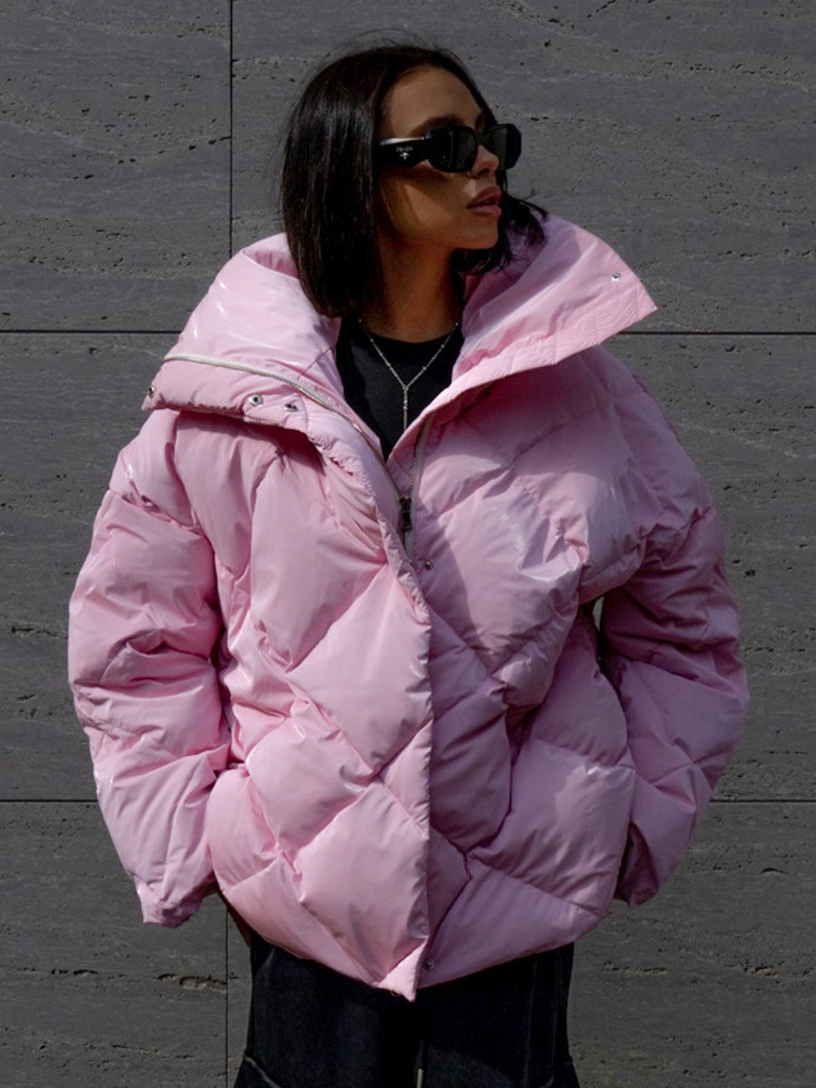 Rhombus Cotton Padded Jacket Women Clothing Autumn Winter Baggy Coat Matte Glossy Collared Cotton Padded Coat Casual Jacket