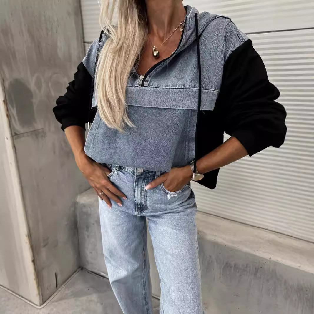 Fall Loose Casual Washing Water Denim Stitching Hooded Women Sweatshirt