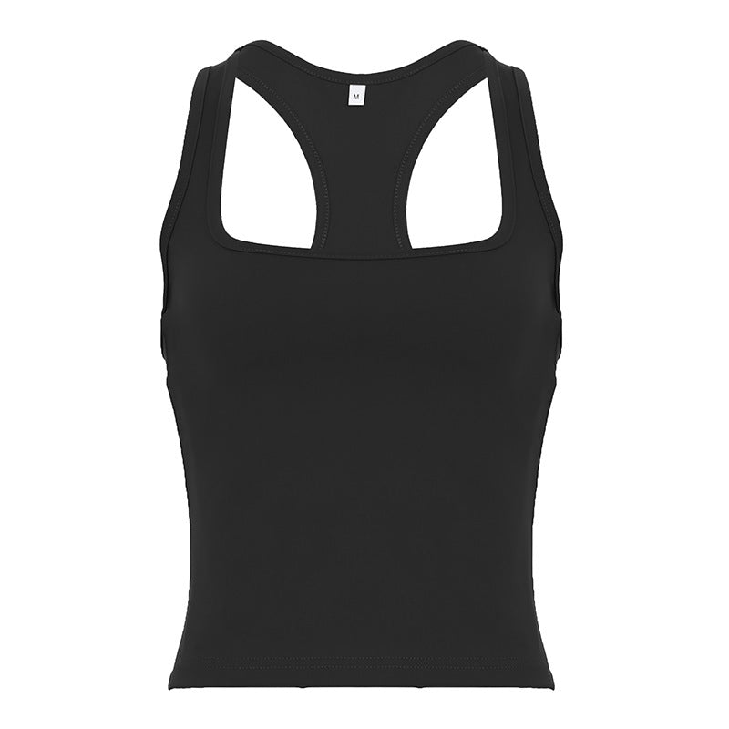 Women Vest Summer Wear Rib High Elastic I Shaped Square round Collar Vest Workout Yoga Top