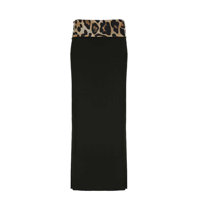 Women Streetwear Reverse Cuffed Waist Office Lady Sheath Skirt Leopard Print Floral Print Slit Skirt Long Skirt