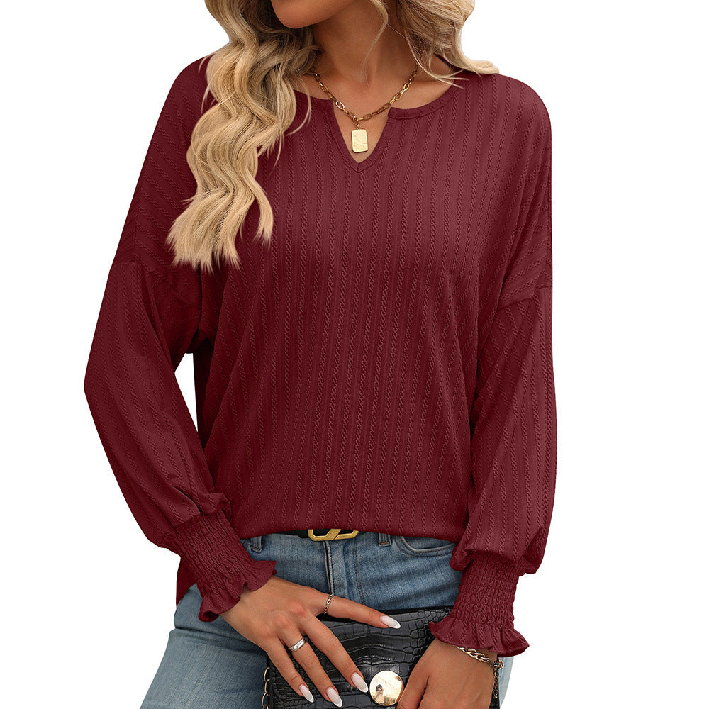 Women Clothing Summer Loose V Neck Smocking Top Batwing Sleeve T Shirt Women