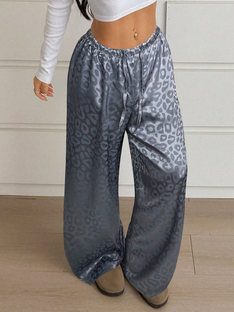Women Clothing Autumn Satin Casual Pants Drawstring Leopard Print Mop Wide Leg Pants Long Pants