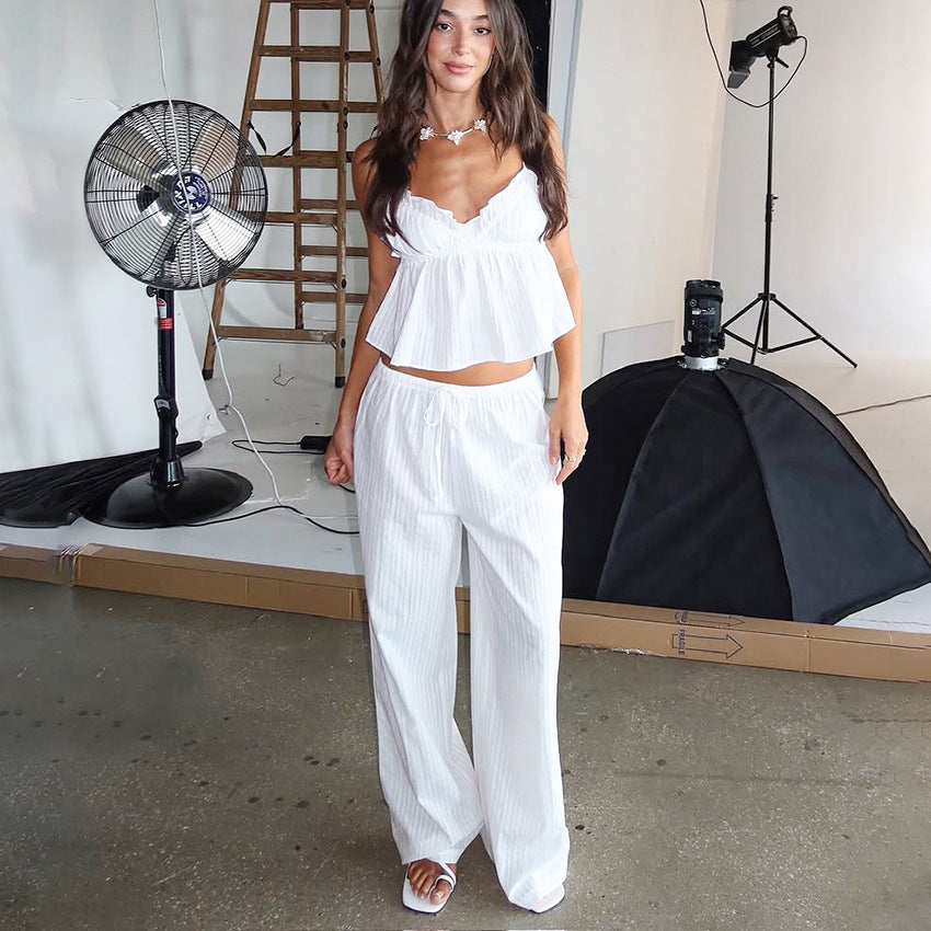 Spring Summer Cotton Pajamas Set Jacquard Suspender Trousers Two Piece Set Exclusive for Ladies Homewear