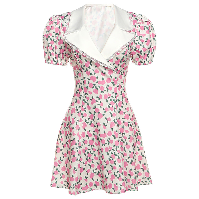Women Clothing Summer French Printing Collared Slim Fitting Cool Puff Sleeve Dress Women