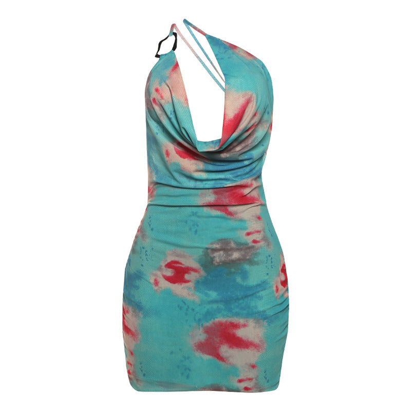 Summer Women Clothing Sexy Oblique Shoulder Mesh Backless Lace up Slim Fit Sheath Print Dress Women