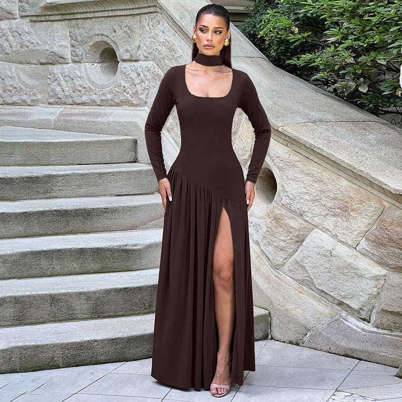 Women Clothing Autumn Sexy Contrast Color U Collar Solid Color Split Long Sleeve Dress
