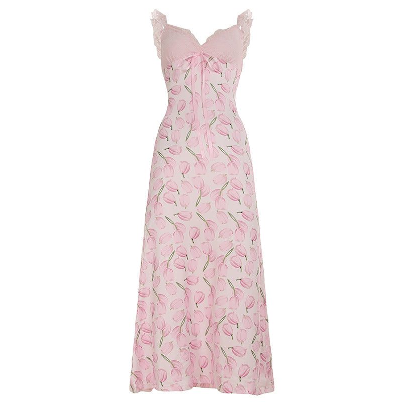 Vacation Women Clothing V neck Lace Flying Sleeves Slim Fit Dress Floral Print Sexy Dress
