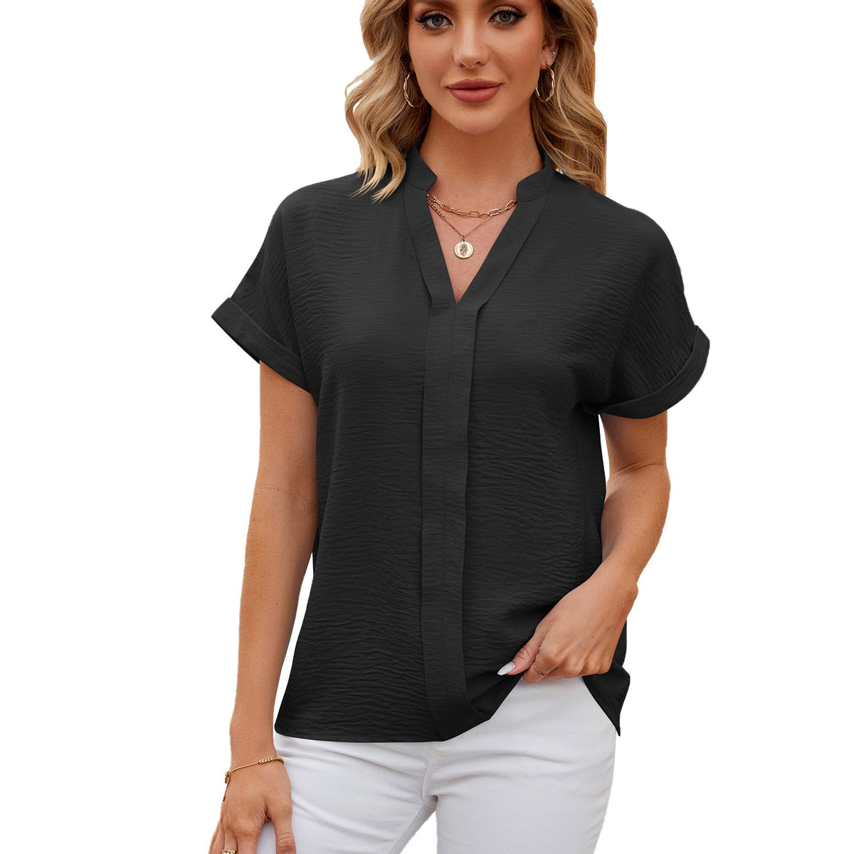 Spring Summer Solid Color V neck Short Sleeve Shirt Loose Casual Chiffon Shirt