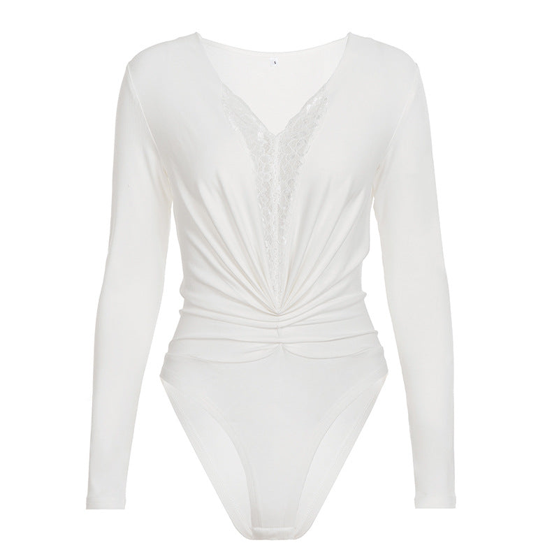Sexy Lace V neck Patchwork Long Sleeved Jumpsuit Women Pleated Slim Top