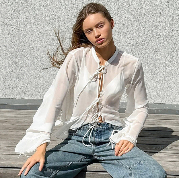 White Chiffon Small Stand Collar Design Drawstring Women Shirt Autumn Winter Top
