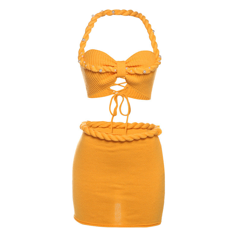 Spring Summer Women Clothing Sexy Halter Lace up Beaded Camisole Knitted Slim Fit Skirt Two Piece Sets