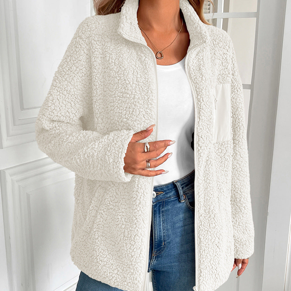 Women Clothing Autumn Winter Lamb Wool Berber Fleece Coat Women Loose Stitching Casual All Matching Jacket Coat