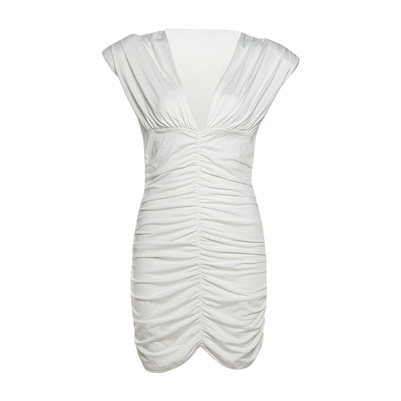 Summer Women Sexy V neck Hip Pleated Solid Color Slim Fit Dress
