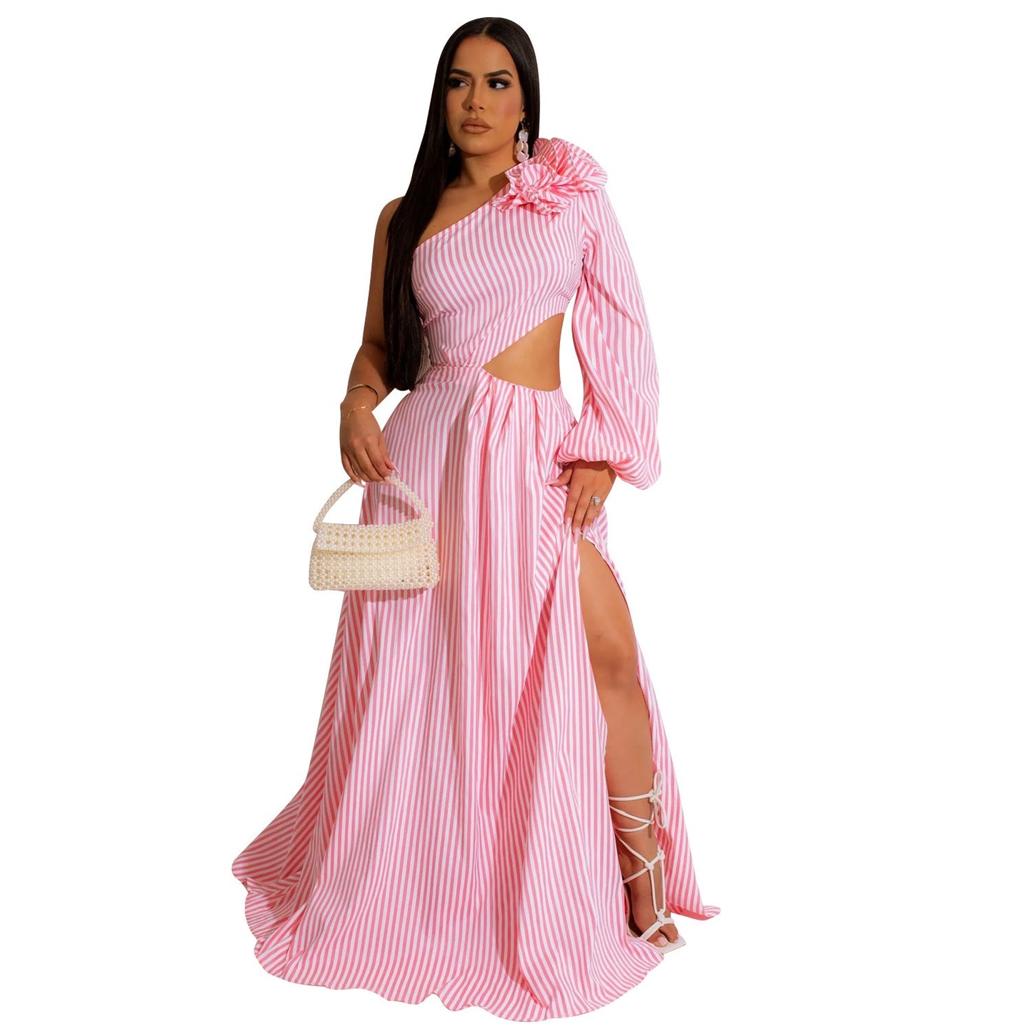 Summer Women Clothing Sexy Dress One-Shoulder Sleeve Striped Slit Dress 3D Decoration