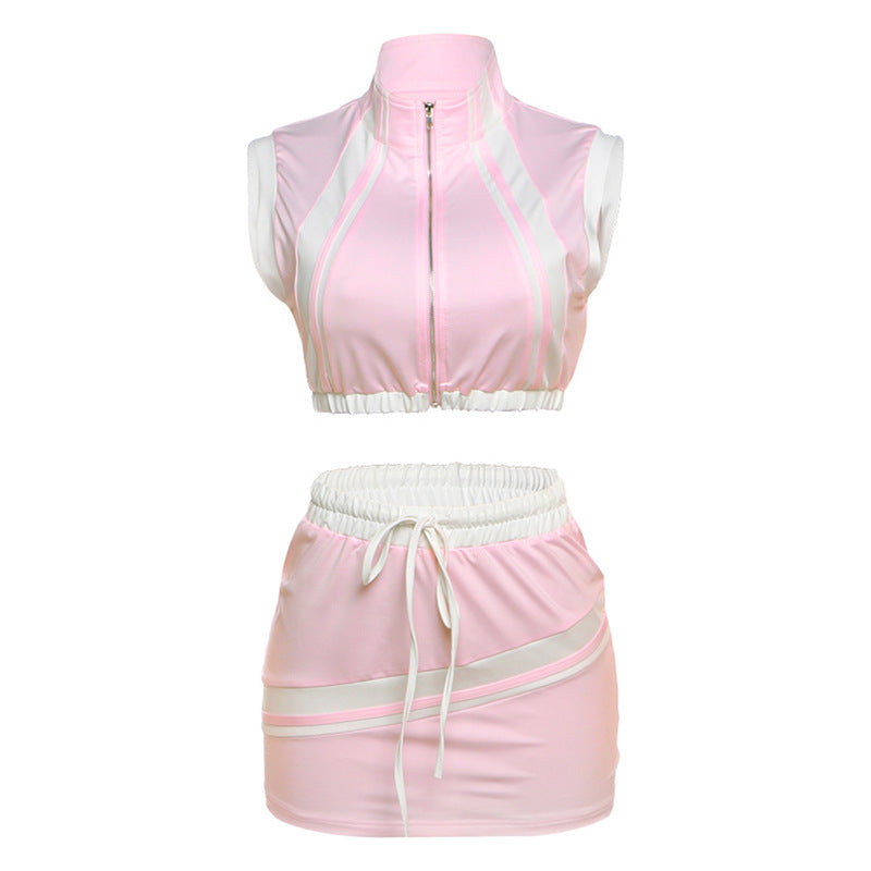 Spring Summer Women Sexy Cropped Zipper Top Slim Fit Hip Wrapped Short Skirt Set Women