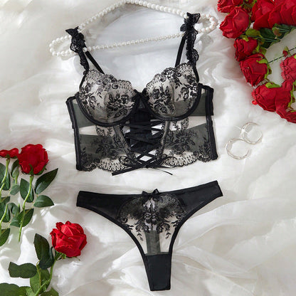 Sexy Underwear Lace See through Embroidered Bra T Back Two Piece Passion Pajamas