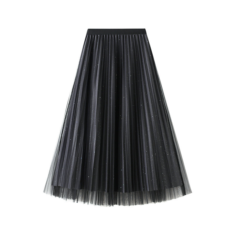Bright Silk Pleated Skirt Mesh Skirt Women Mid Length Gauze Skirt Two Sided Wear