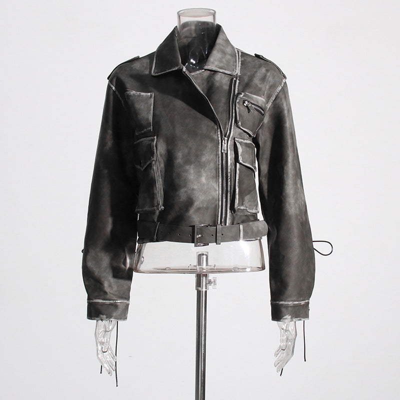 Niche Design Women Short Distressed Washed Leather Coat Asymmetric Zipper Tooling Coat for Women
