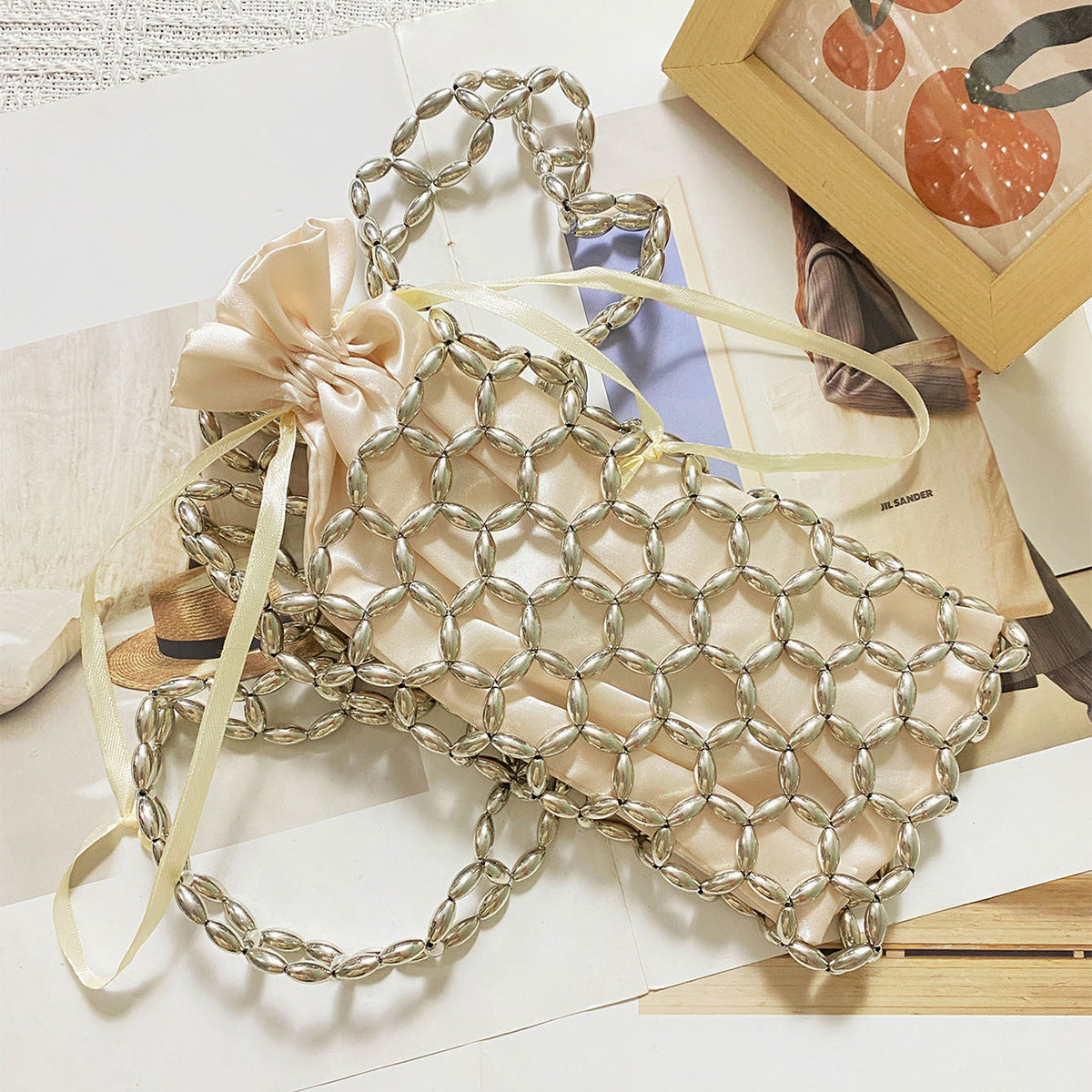 Crossbody Bag Handmade Beaded Weave Niche Metal Beaded Bag Holiday All Matching
