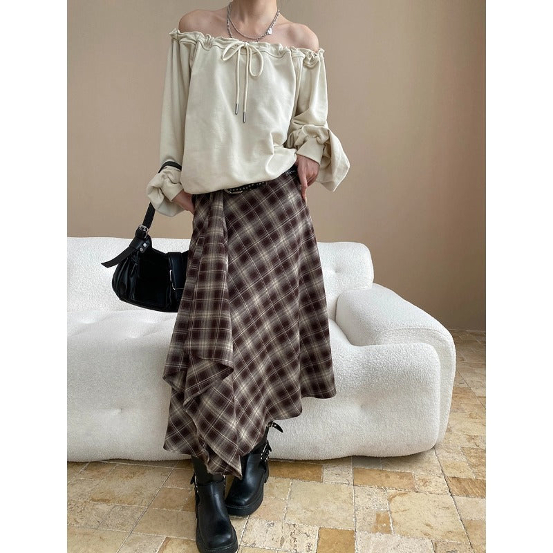 Retro British Tone Irregular Asymmetric Contrast Color Check High Waist A line Slimming Skirt