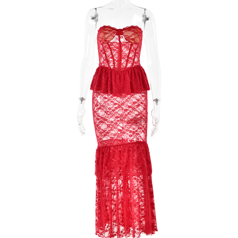 Autumn Winter Lace See through Tube Top Fishtail Dress Sexy Tight Sexy Night Club Long Dress