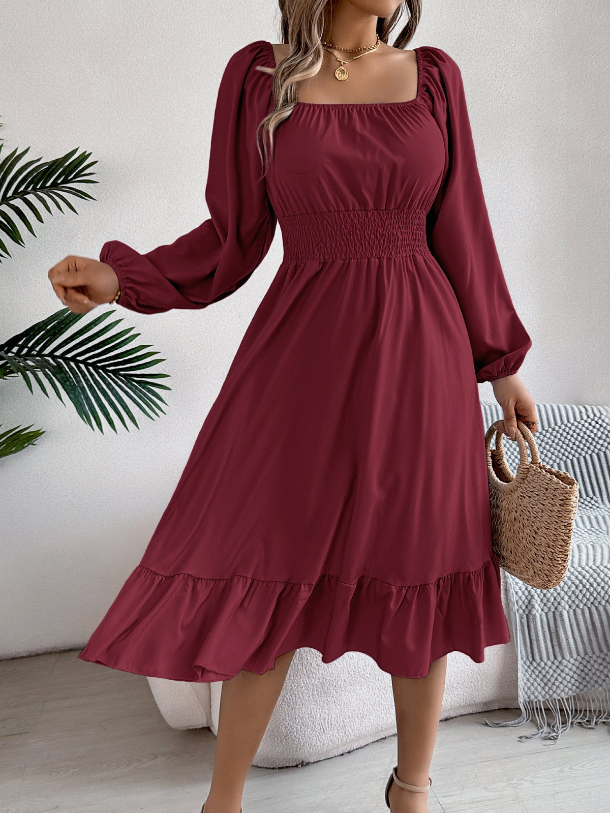 Spring Summer Casual Solid Color Square Collar Long Sleeve Waist Trimming Ruffles A line Dress Women Clothing